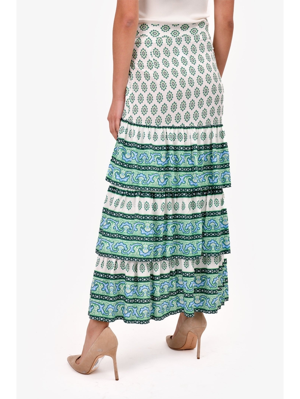Sandro Green & White Printed Ruffle Wrap Skirt - Picture 4 of 16